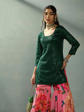 Women Green Sequence Short Kurta With Sharara Pants-SHSET96045